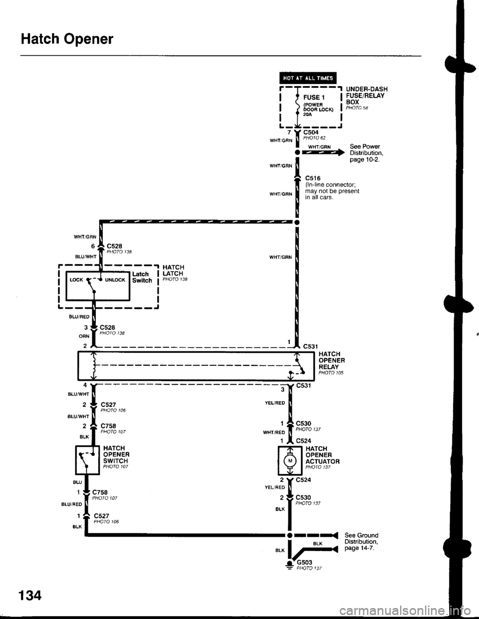 ACURA INTEGRA 1998  Service Repair Manual Hatch Opener
7WHT/GRN
WHY/GRN
;il
T(
t
IY
Ia
I
a
FUSE 1(POWERDooa Locx)
c504
wHT,cFN See Power---r> Distribution,page 10-2.
c516(lnline connector;may not be presentin all cars.
UNDER-DASHFUSE/RELAYBO