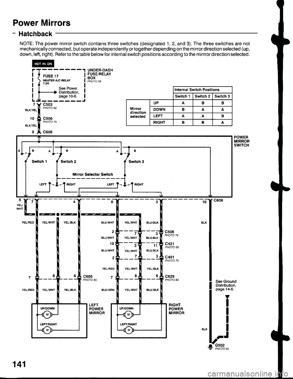 ACURA INTEGRA 1998  Service Repair Manual Power Mirrors
- Hatchback
NOTE: The power mirror switch contains three switches (designated 1, 2, and 3). The three switches are not
mechanically connected, but operate independently ortogether depend