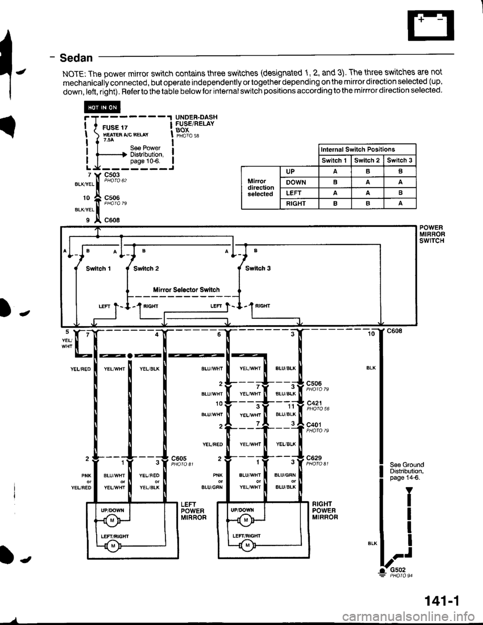 ACURA INTEGRA 1998  Service Repair Manual - Sedan
NOTE: The power mirror switch contains three switches (designated 1, 2, and 3). The three switches are not
mechanically connected, but operate independently or together depending on the mirror