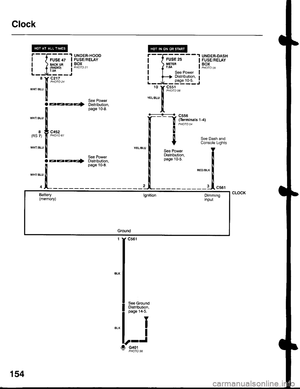 ACURA INTEGRA 1998  Service Repair Manual Clock
I
I
8(RS 7)
WHT/BLU
UNDER-HOODruse lz I FUSE/RELAY
lragr-lle I Pg^I^ ^
{f*o, a PHafo 21
c217
aaaQ
c452
aaaa)
"-,,[r*"
nnT,i"".-.)
I
Y
See PowarDistribution,page 10-5.
r--I------1 UNDER-DASHI