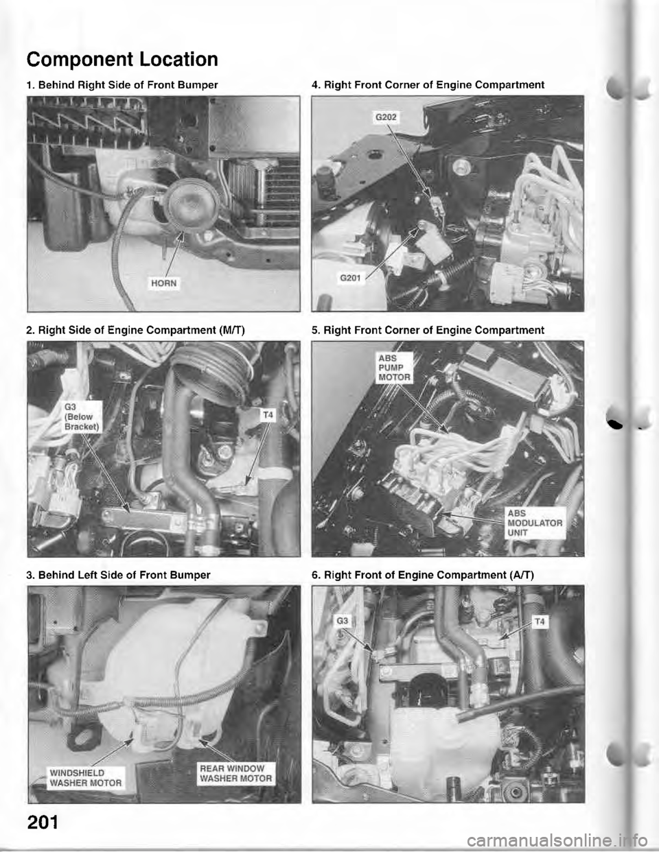 ACURA INTEGRA 1998  Service Repair Manual Component Location
1. Behind Right Side of Front Bumper4. Right Front Corner of Engine Compartment
2. Right Side of Engine Compartment (M/T)5. Right Front Corner of Engine Compartment
3. Behind Left S