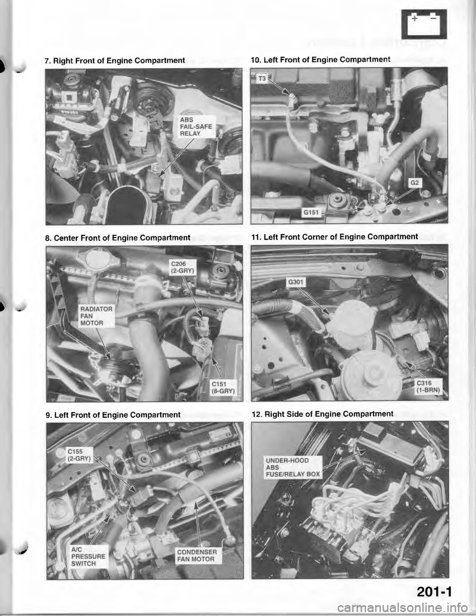 ACURA INTEGRA 1998  Service Repair Manual )_
)*
7. Right Front ot Engine Compartment10. Left Front of Engine Compartment
8. Center Front of Engine Compartment11. Left Front Corner of Engine Compartment
9. Left Front of Engine Compartment12. R