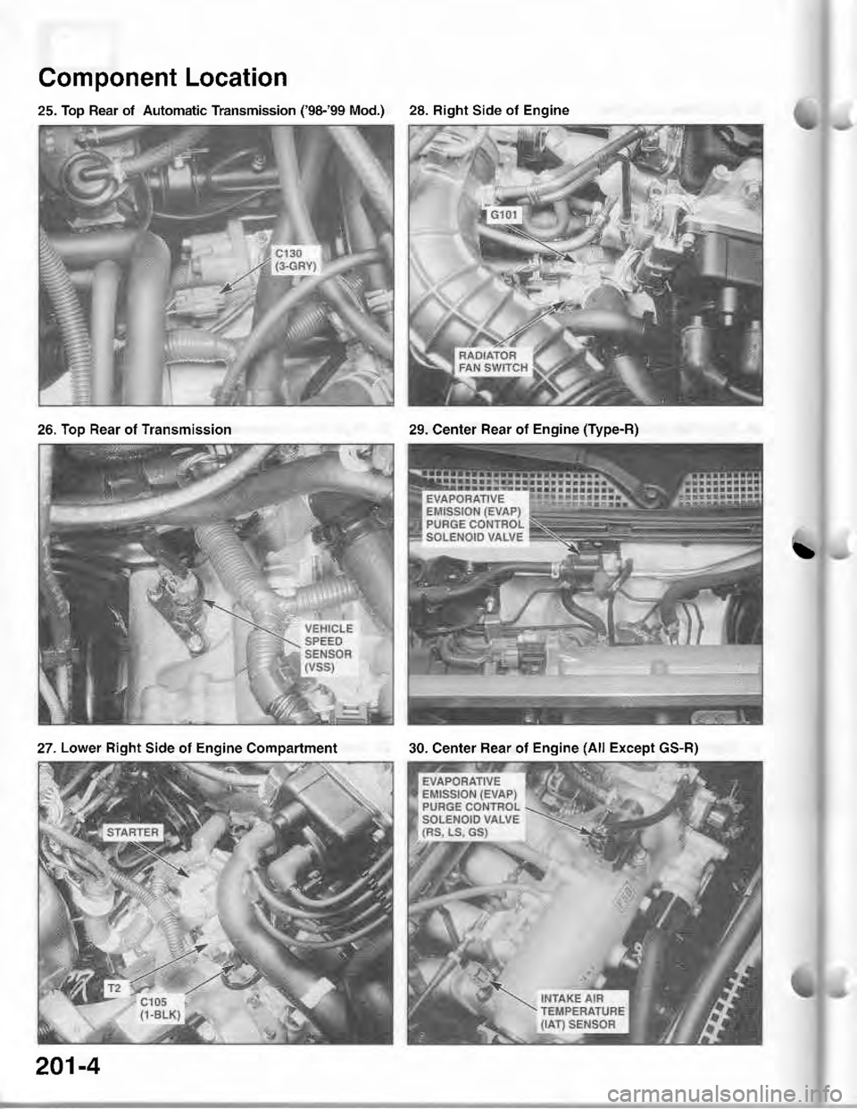 ACURA INTEGRA 1998  Service Repair Manual 25. Top Rear of Automatic Transmission (98-99 Mod.)
Component Location
\
28. Right Side of Engine
26. Too Rear ot Transmission29. Center Rear of Engine (Type-R)
27 . Lower Right Side of Engine Compa