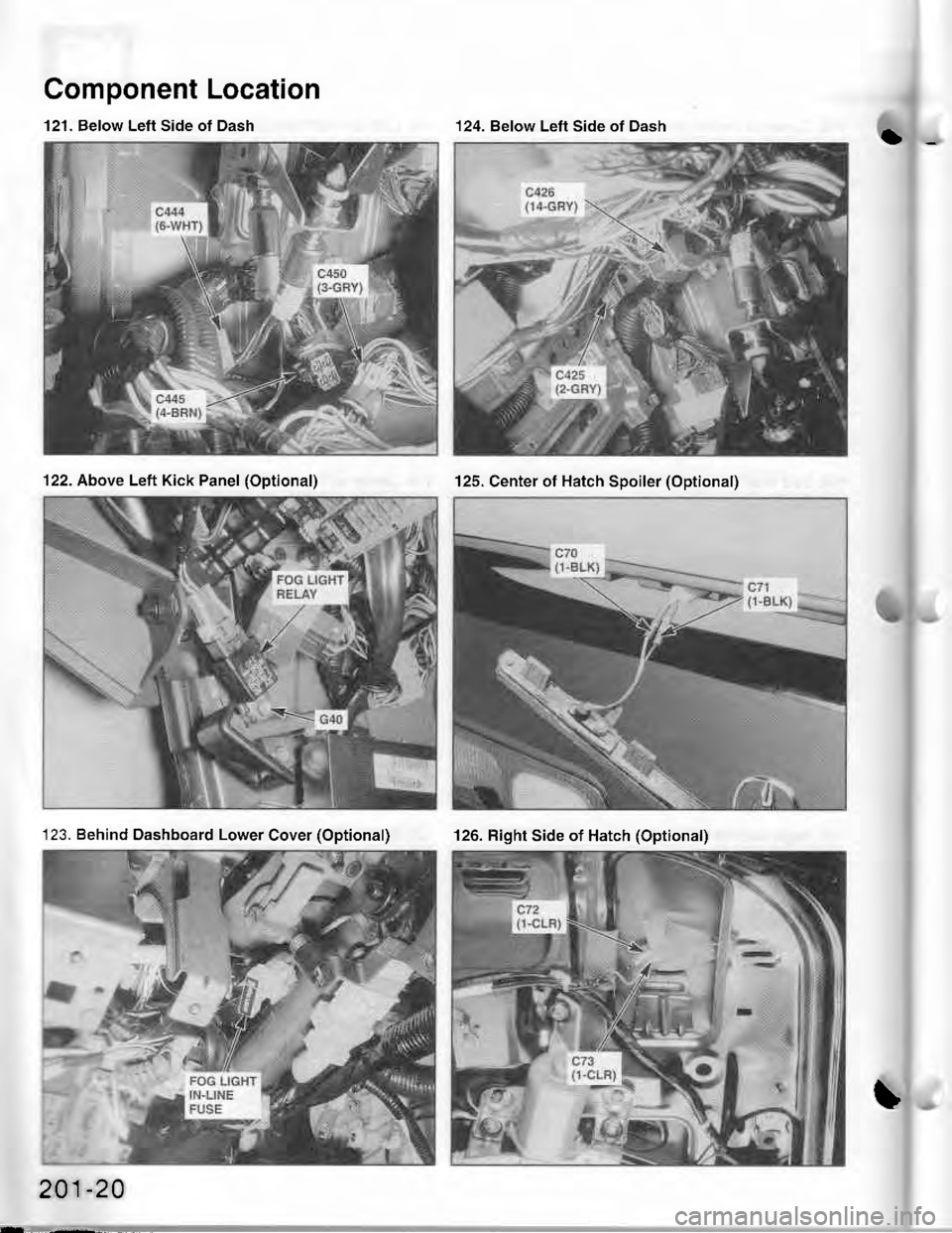 ACURA INTEGRA 1998  Service Repair Manual Component Location
iD121. Below Left Side of Dash124. Below Left Side of Dash
122. Above Left Kick Panel (Optional)125. Center ot Hatch Spoiler (Optional)
123. Behind Dashboard Lower Cover (Optional)1