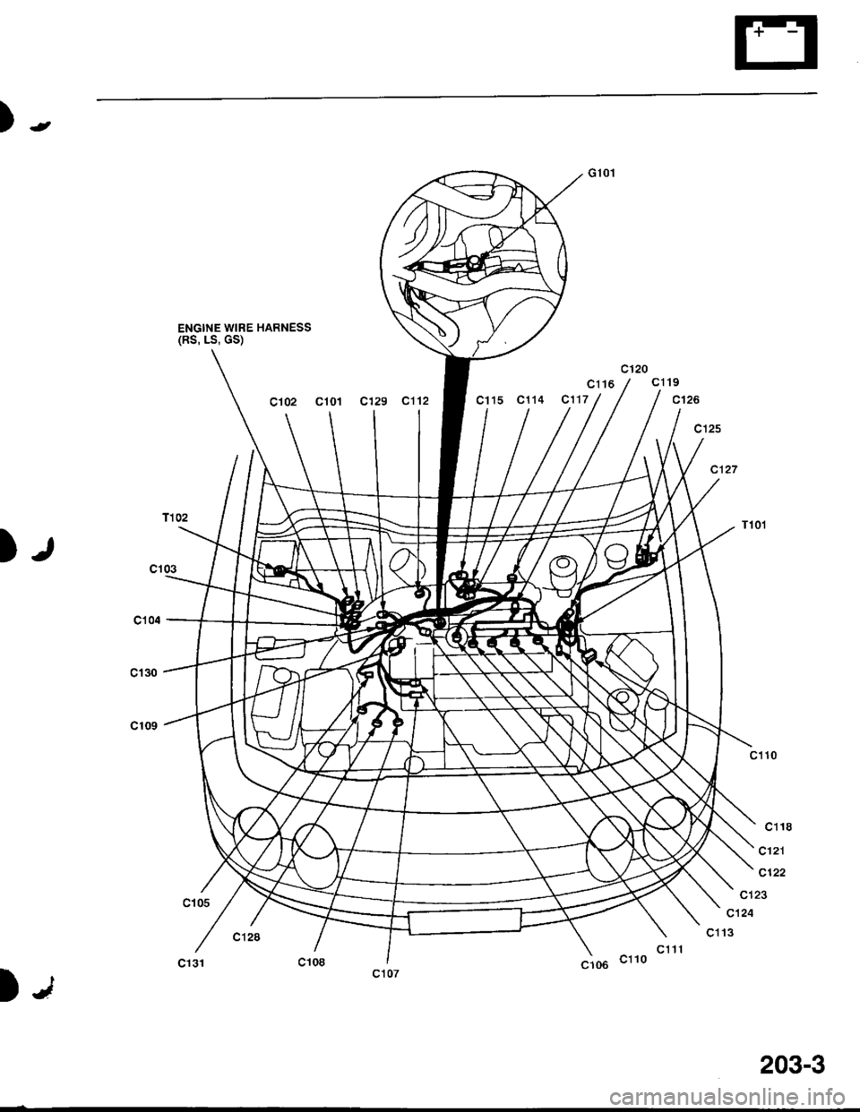ACURA INTEGRA 1998  Service Repair Manual )-
ENGINE WIRE HARNESS(RS, LS, GS)
c1o2 c10l c129 c112c1t4 cl17ct 26
c125
)t
ct27
c118
c121
c122
c123
cl24
clt6c1t9
);
203-3 