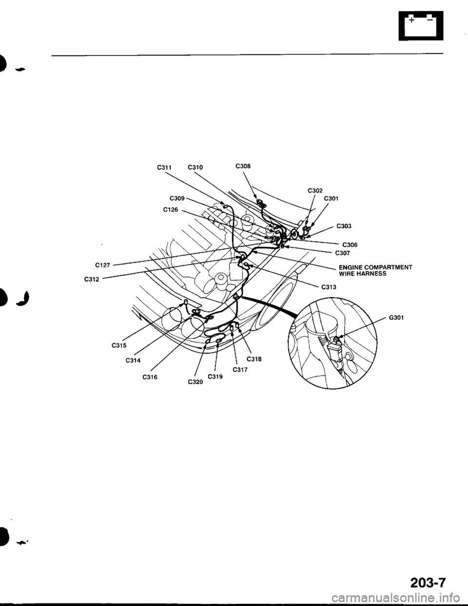 ACURA INTEGRA 1998  Service Repair Manual ).-
ENGINE COMPARTMENTWIRE HARNESS
).1
c318
c317
c301
c303
c306
c307
)-.
203-7 