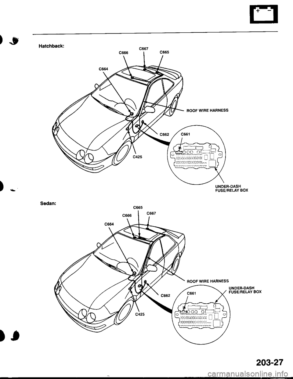ACURA INTEGRA 1998  Service Repair Manual o :::::::::::: n--l --...------- L_-r
)*
Halchback:
Sedan:
UNDER-DASHFUSE/RELAY BOX
ROOF WIRE HARNESS
UNDER-DASHFUSE/RELAY BOX
ffin nt-!
),
203-27 