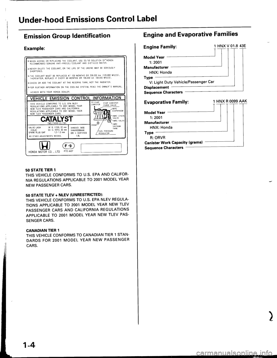 ACURA INTEGRA 1998  Service Repair Manual Under-hood Emissions Gontrol Label
Emission GrouP ldentification
Example:
50 STATE TIER 1
THIS VEHICLE CONFORMS TO U.S. EPA AND CALIFOR-
NIA REGULATIONS APPLICABLE TO 2OO1 MODEL YEAR
NEW PASSENGER CAR