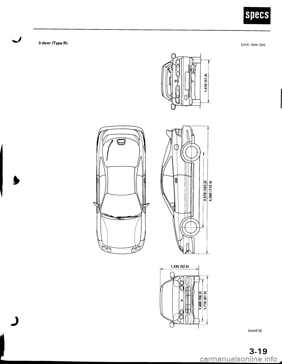 ACURA INTEGRA 1998  Service Repair Manual 3-door (Type Rl:Unit: mm (in)
o)rE)
F=
r*
o?r(l
o
\
(contd) 