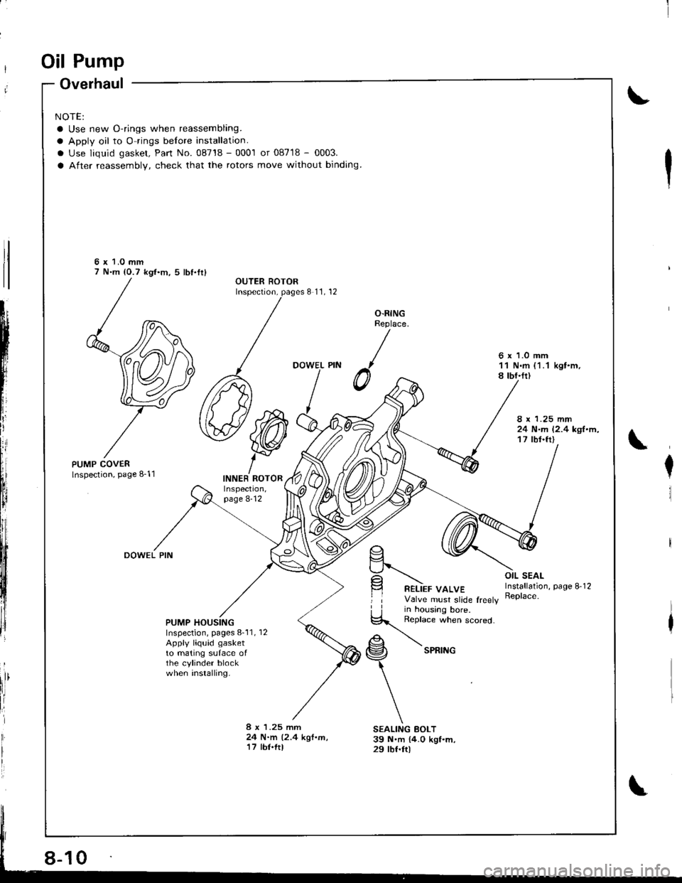 ACURA INTEGRA 1998  Service Repair Manual Oil Pump
Overhaul
NOTE:
a Use new O-rings when reassembling.
a Apply oil to O-rings belore installation.
. Use liquid gasket, Pan No. 08718 - 0001 or 08718 - 0003.
a After reassembly, check that the r