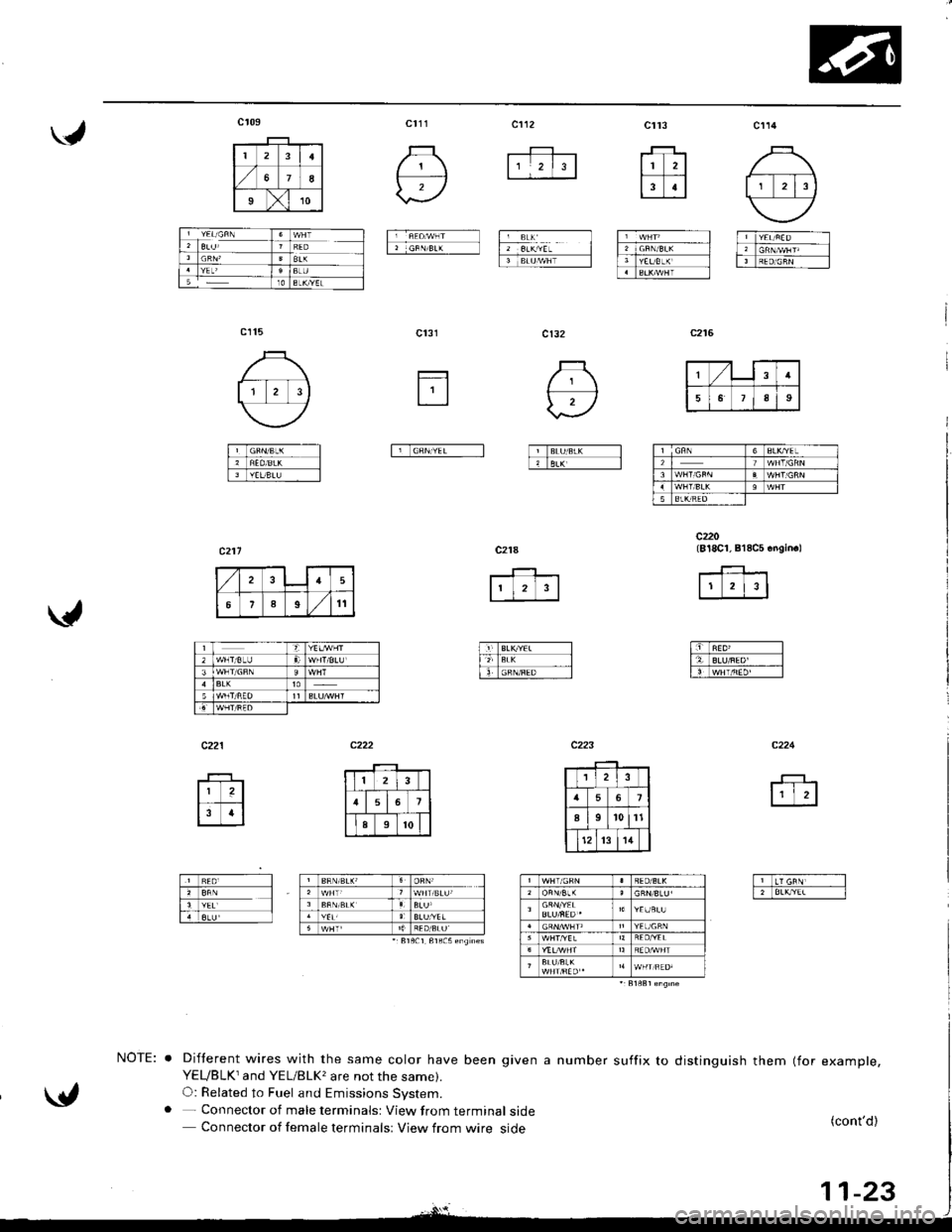 ACURA INTEGRA 1998  Service Repair Manual cl11
I GFN BL( I 8L(\EL Iffi
fil cRN,yEL---l
Difterent wires with the same color have been given a number suffix toYEUBLKTand YEL/BLK, are not the same).O: Related to Fuel and Emissions System.- Conne