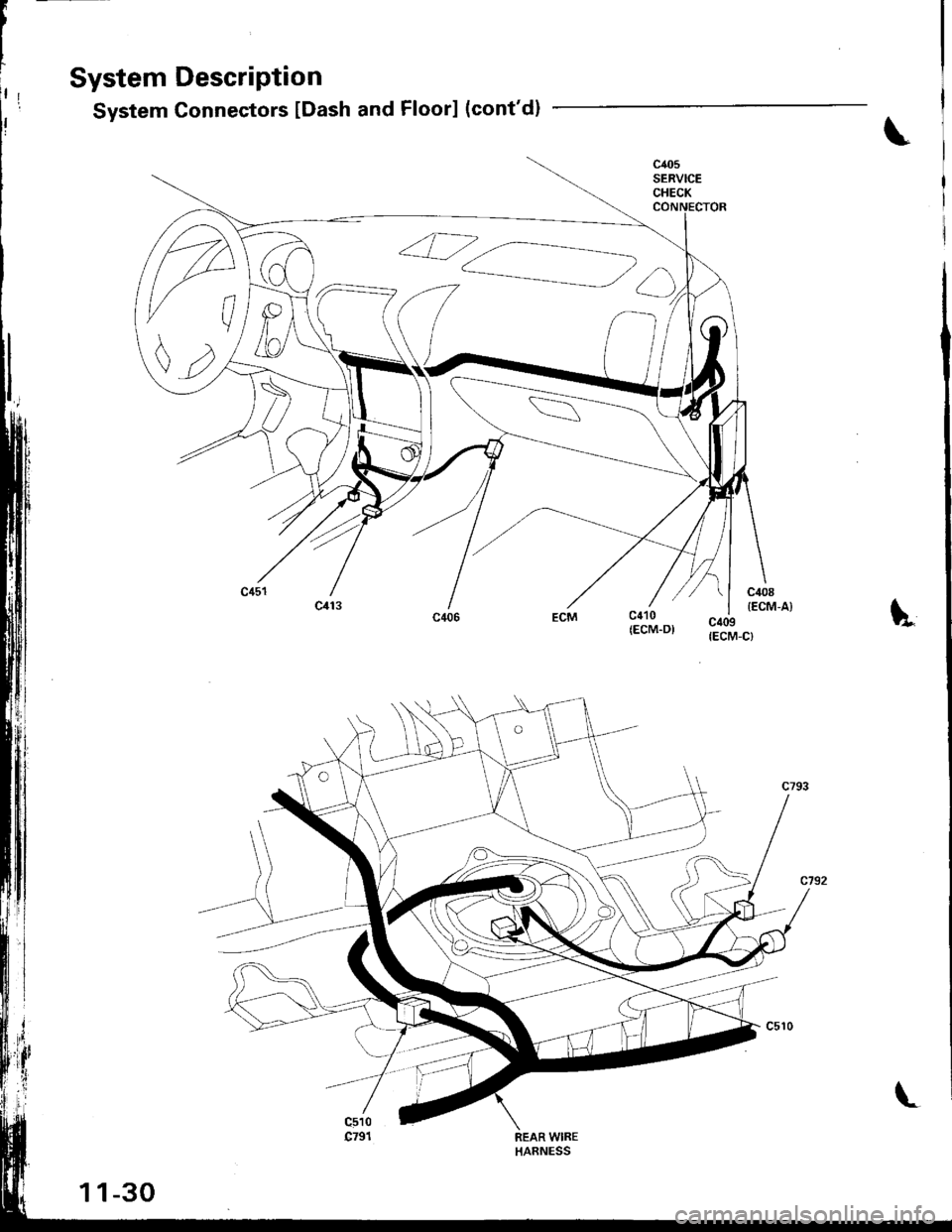 ACURA INTEGRA 1998  Service Repair Manual System Description
System Connectors [Dash and Floor] (contd]
c405SERVICECHECK
c410(ECM.DICilo9{ECM-C)tL
REAR WIREHARNESS
,n
, ?l
1 1-30
L 