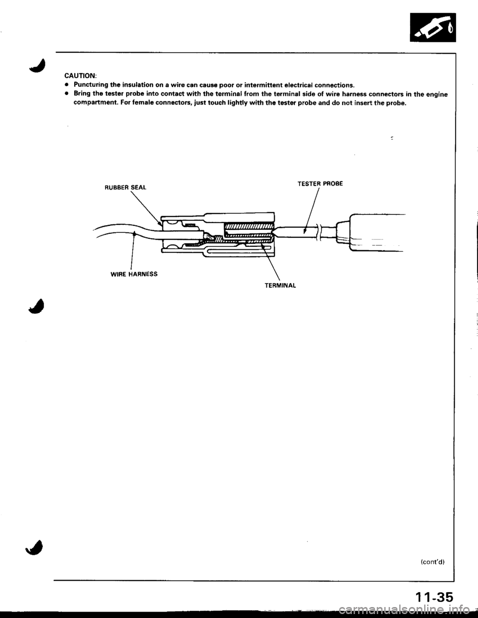 ACURA INTEGRA 1998  Service Repair Manual CAUTION:
. Puncturing th€ insulation on a wire can caus€ poot ot inlermitlent electrical connections.. Bring tho tester probe into contact with the terminalffom the tcrminal side of wire harness c