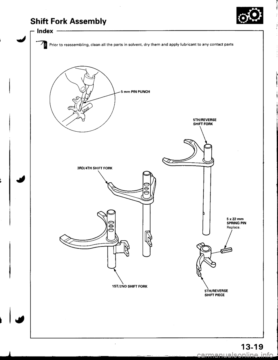 ACURA INTEGRA 1998  Service Repair Manual /f Prior to reassembling. clean all the parts in solvent, drythem and apply lubricantto any contact parts
5 mm PIN PUNCH
sTH/REVERSESHIFT FORK
3RD/,rTH SHIFT FORK
1ST/2ND SHIFT FORK
SHIFT PIEC€
Shif