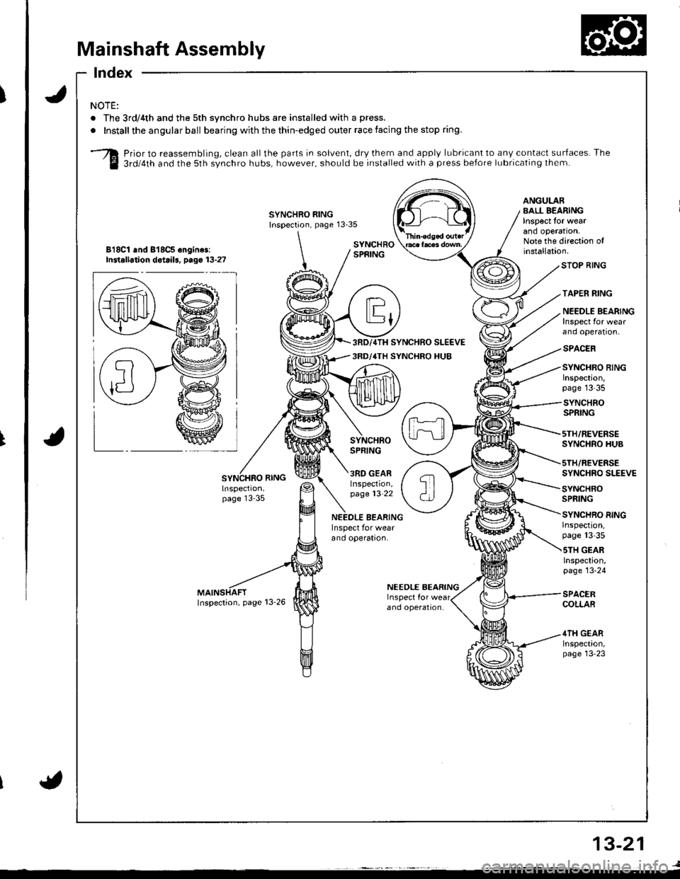 ACURA INTEGRA 1998  Service Repair Manual Mainshaft Assembly
lndex
J
t
NOTE:
. The 3rd/4th and the 5th synchro hubs are installed with a press.
.Installtheangularball bearing with the thin-edged outer race facing the stop ring.
Prior to reass