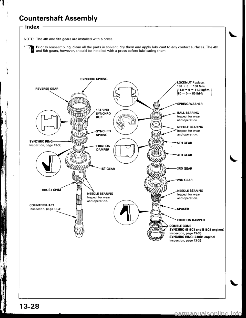 ACURA INTEGRA 1998  Service Repair Manual f
I
Gountershaft Assembly
Index
\NOTEI
3
The 4th and sth gears are installed with a press.
Prior to reassembling, clean all the parts in solvent, dry them and apply lubricant to any contact surfaces.