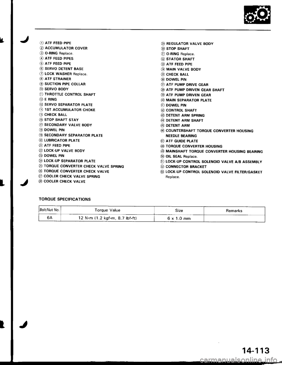 ACURA INTEGRA 1998 Service Repair Manual IfD ATF FEED PIPE
O AccUMULAToR covER
@ o-RING Reptace.(O ATF FEED PIPES
(!) ATF FEED PIPE
@ sERvo DETENT BASE
O LocK WASHER Reptace.
[8) ATF STRAINER
@ sucTroN ptpE coLLAR
@ sERVO EODY(, THRoTTLE coN ACURA INTEGRA 1998 Service Repair Manual IfD ATF FEED PIPE
O AccUMULAToR covER
@ o-RING Reptace.(O ATF FEED PIPES
(!) ATF FEED PIPE
@ sERvo DETENT BASE
O LocK WASHER Reptace.
[8) ATF STRAINER
@ sucTroN ptpE coLLAR
@ sERVO EODY(, THRoTTLE coN