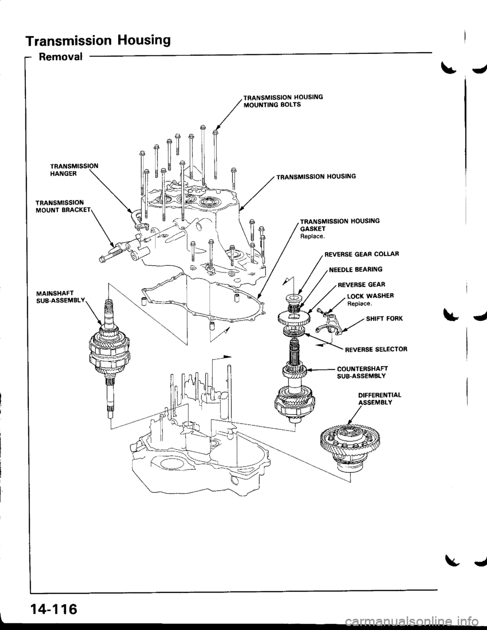 ACURA INTEGRA 1998  Service Repair Manual Transmission Housing
Removal
J
TRANSMISSION HOUSING
MOUNTING BOLTS
TRANSMISSION HOUSING
TRANSMISSION HOUSING
GASKETReplace.
REVERSE GEAR COLLAB
NEEDLE BEARING
REVERSE GEAR
MAINSHAFTSU8-ASSEMBLY
, 14-1