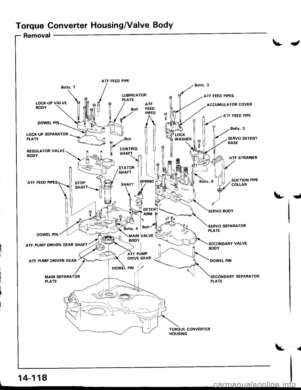 ACURA INTEGRA 1998  Service Repair Manual Torque Converter Housing/Valve Body
Removal
t
LUBRICATORPLATEATF FEED PIPES
ACCUMULATOR COVER
ATF FEEO PIPE
Bolrs,3
ATF
Bott FEEDPIPES
DOW€I- PIN
LOCK-UP SEPARATORPLATE
REGULATOR VALVEEODY
SERVO DET