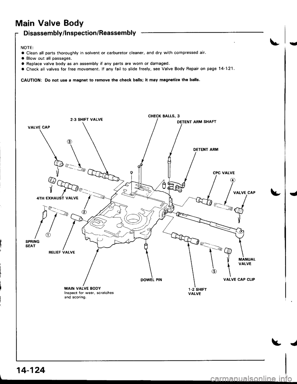 ACURA INTEGRA 1998  Service Repair Manual Main Valve Body
Disassembly/lnspection/Reassembly
NOTE:
a Clean all pans thoroughly in solvent or carburetor cleaner, and dry with compressed air.
a Blow out all passages.
a Replace valve body as an a