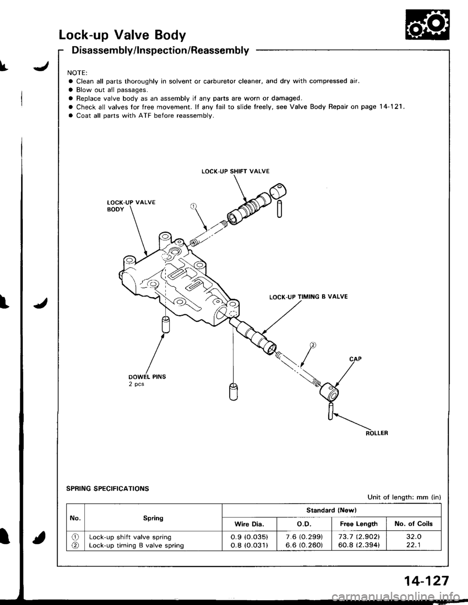 ACURA INTEGRA 1998  Service Repair Manual Lock-up Valve Body
JI
Disassembly/lnspection/Reassembly
NOTE:
a Clean all parts thoroughly in solvent or carburetor cleaner, and dry with compressed air.
a Blow out all passages.
a Replace vaive body 