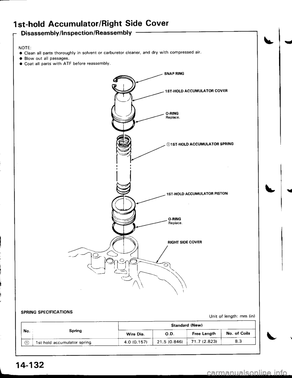 ACURA INTEGRA 1998  Service Repair Manual 1st-hold Accumulator/Right Side Cover
Disassembly/lnspection /Reassembly
NOTE:
a Clean all parts thoroughly ln solvent or carburetor cleaner, and dry with compressed air.
a Blow out all passages.
a Co