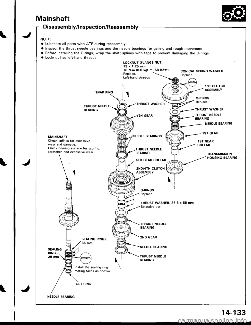 ACURA INTEGRA 1998  Service Repair Manual \
\
\
Mainshaft
J
J
Disassembly/lnspection/Reassembly
NOTE:
a Lubricate all parts with ATF during reassembly.
a Inspect the thrust needle bearings and the needle bearings for galling and rough movemen