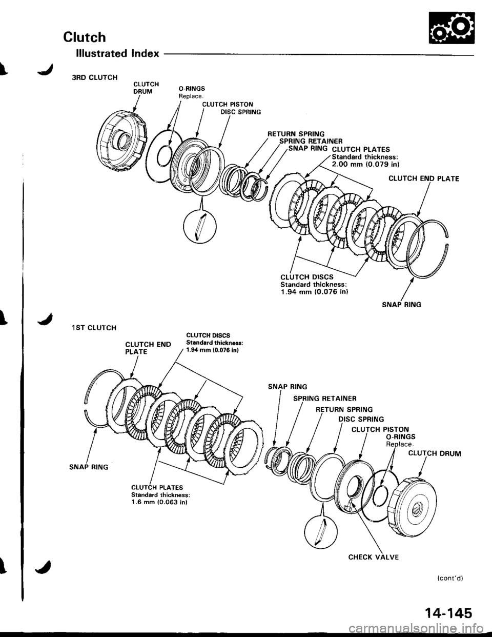 ACURA INTEGRA 1998  Service Repair Manual I
\
T
Clutch
lllustrated Index
3RD CLUTCH
1ST CLUTCH
CLUTCH PISTONDISC SPRING
CLUTCHDRUMO-RINGSReplace.
RETURN SPRINGSPRING RETAINERSNAP RING cLUTcH PLATES
Standard thickness:1.6 mm 10.063 inl
{contd