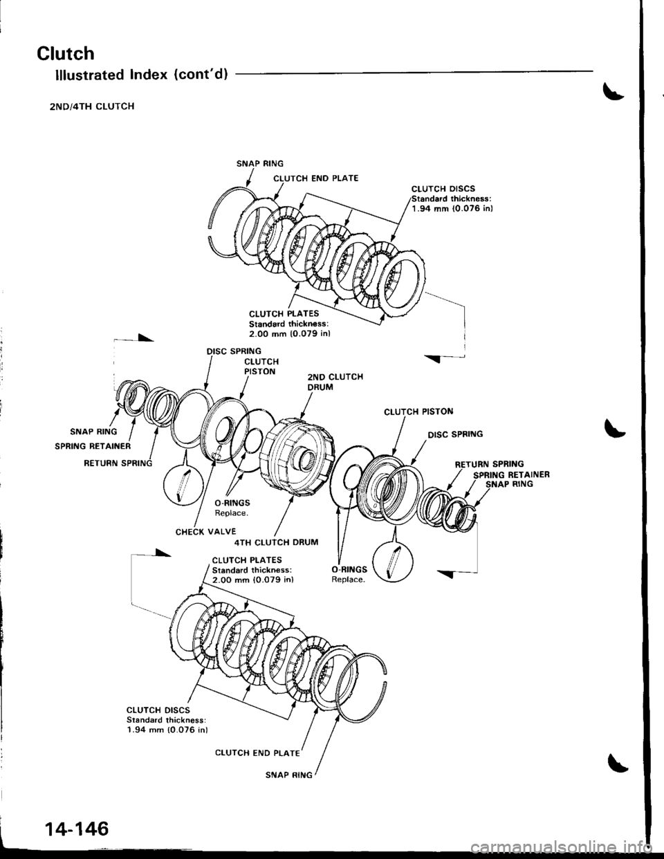 ACURA INTEGRA 1998  Service Repair Manual Glutch
lllustrated lndex
2ND/4TH CLUTCH
\
CLUTCH PLATESStandard thicknoss:2.00 mm 10.079 inl
DISC SPRING
CLUTCH OrSCS
1.94 rr|m {0.076 inl
CLUTCTI PISTON
DISC SPBING
(contd)
END PLATE
I
il
\-CLUTCHPI