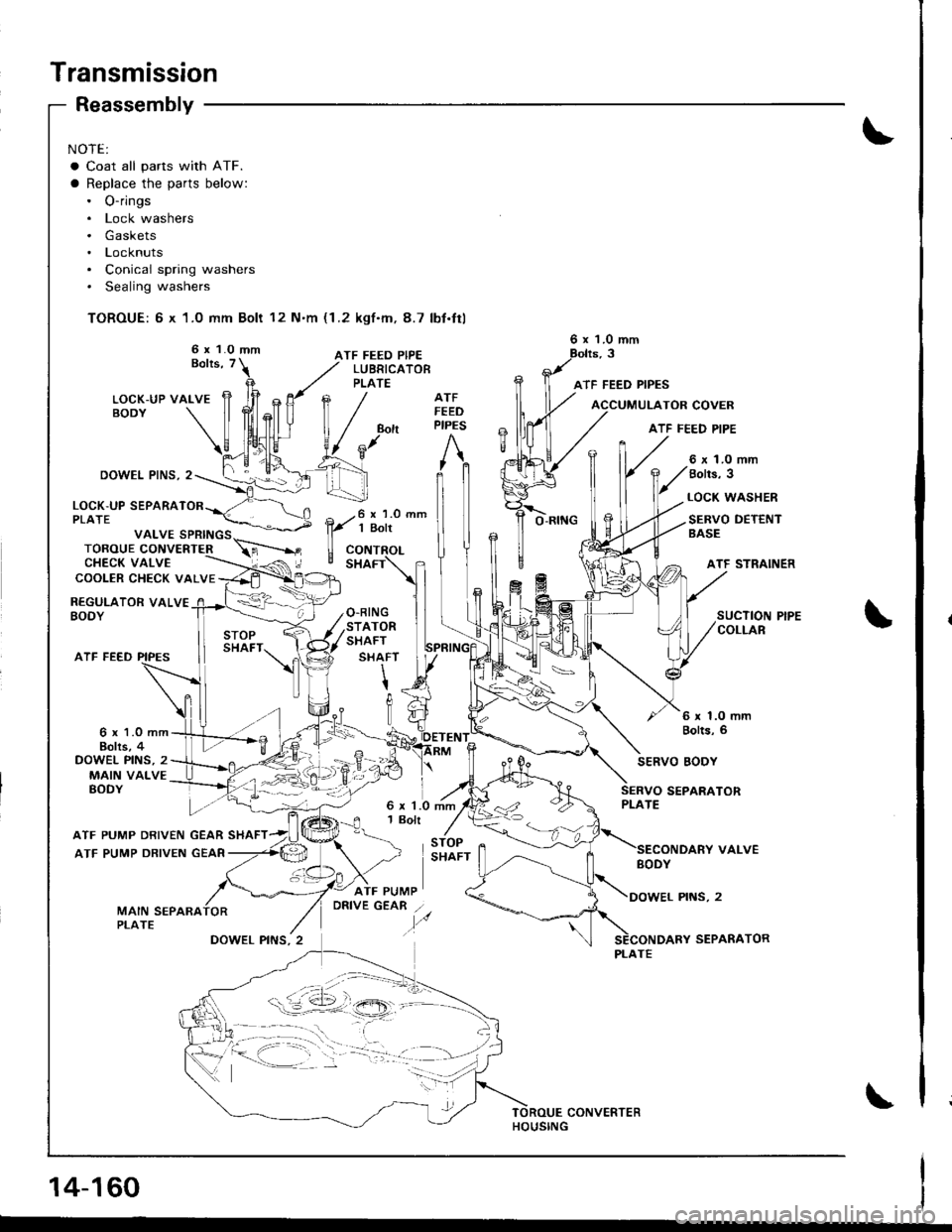 ACURA INTEGRA 1998  Service Repair Manual Transmission
NOTE:
a Coat all parts with ATF.
a Replace the parts below:. O-rings. Lock washers. Gaskets. Locknuts. Conical spring washers. Sealing washers
TOROUE: 6 x 1.0 mm Bolt 12 Nm (1.2 kgf.m, 8