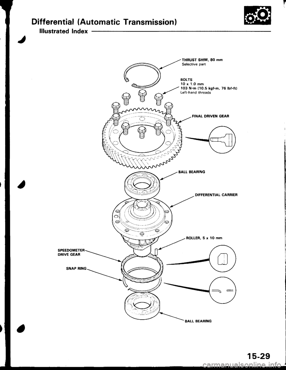 ACURA INTEGRA 1998  Service Repair Manual Differential (Automatic Transmission)
lllustrated Index
FINAL DRIVEI{ GEAR
BALL BEARIiIG
--tot" 
ENTIAL caRRlER
ROLLER,5xlOmm
BALL BEARING
15-29 