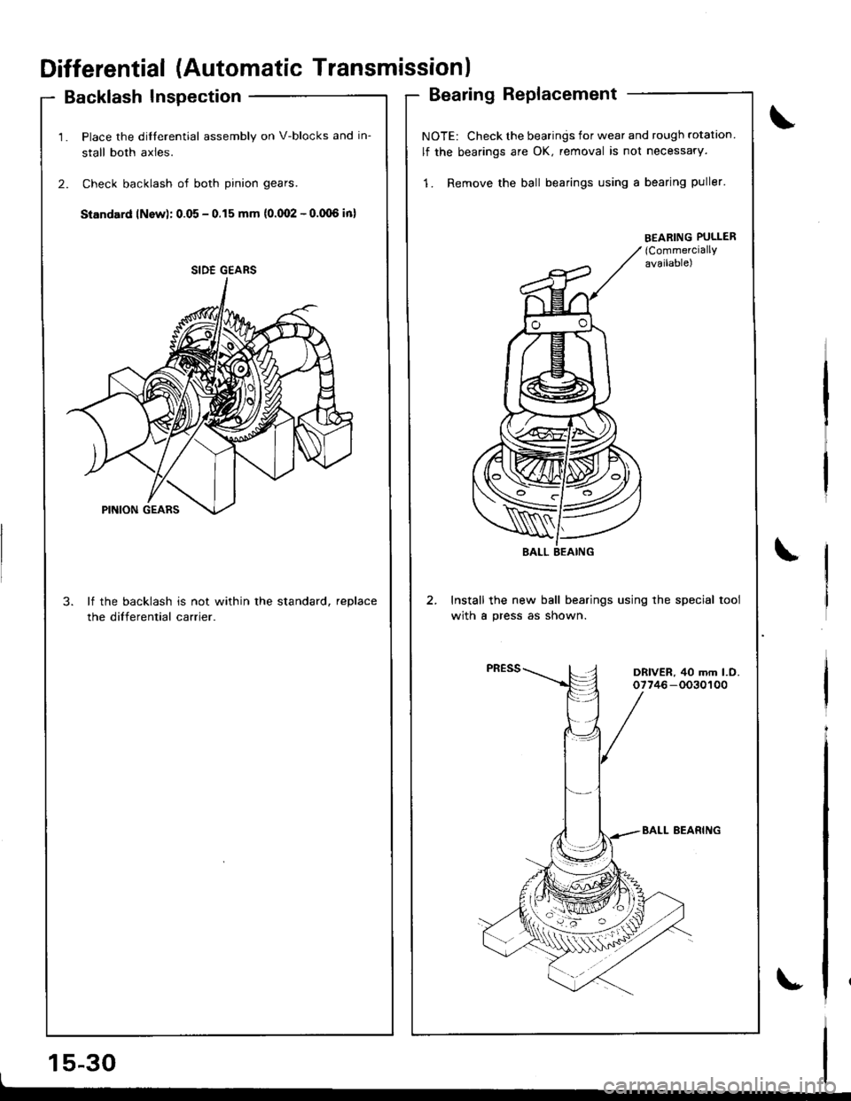 ACURA INTEGRA 1998  Service Repair Manual Differential (Automatic Transmissionl
Backlash Inspection
1. Place the dilferential assembly on V-blocks and in-
stall both axles.
2. Check backlash of both pinion gears.
Standard lNsw): 0.05 - 0.15 m