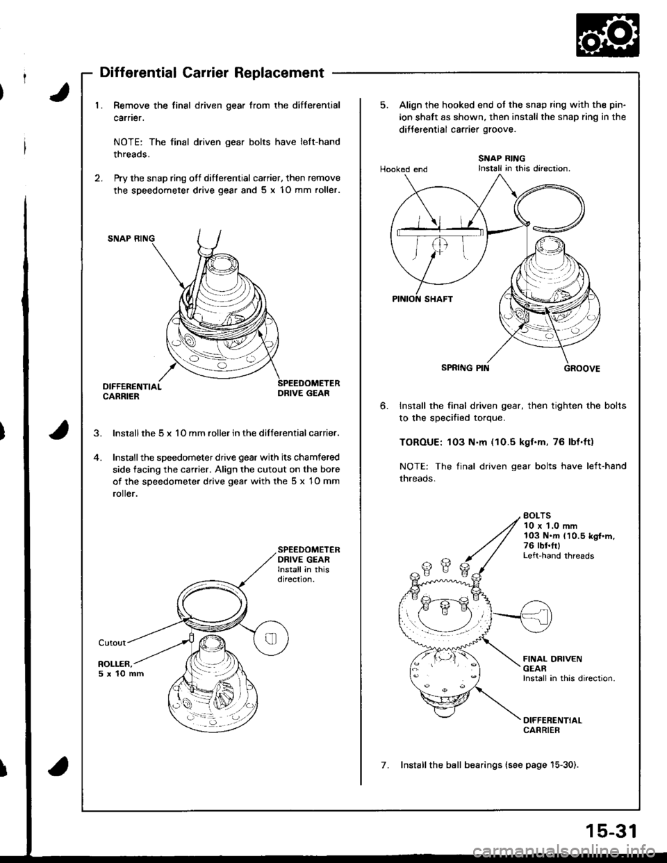 ACURA INTEGRA 1998 Service Repair Manual J1. Remove the final driven gear from the differential
carner.
NOTE: The final driven gear bolts have left-hand
threads.
2. Pry the snap ring ofl differential carrier, then remove
the speedometer d.iv ACURA INTEGRA 1998 Service Repair Manual J1. Remove the final driven gear from the differential
carner.
NOTE: The final driven gear bolts have left-hand
threads.
2. Pry the snap ring ofl differential carrier, then remove
the speedometer d.iv