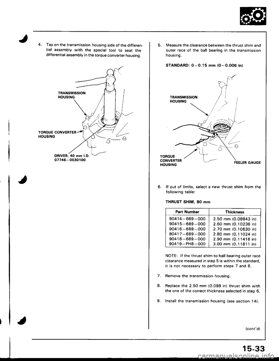 ACURA INTEGRA 1998  Service Repair Manual 4.Tap on the transmission housing side of the ditferen-tial assembly with the special tool to seat thedifferential assembly in the torque convener housing.
o.
Measure the clearanc; between the thrust 