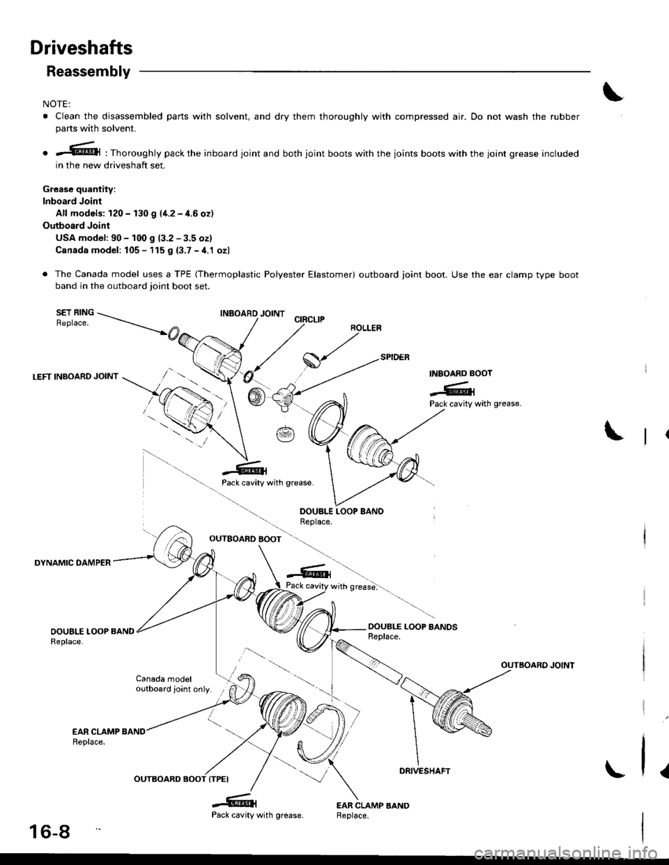 ACURA INTEGRA 1998  Service Repair Manual Driveshafts
LEFT INBOARD JOINT
DYNAMIC DAMPER
Reassembly
NOTE:
. Clean the disassembled parts with solvent, and dry them thoroughly with compressed air. Do not wash the rubber
parts with solvent.
o -@