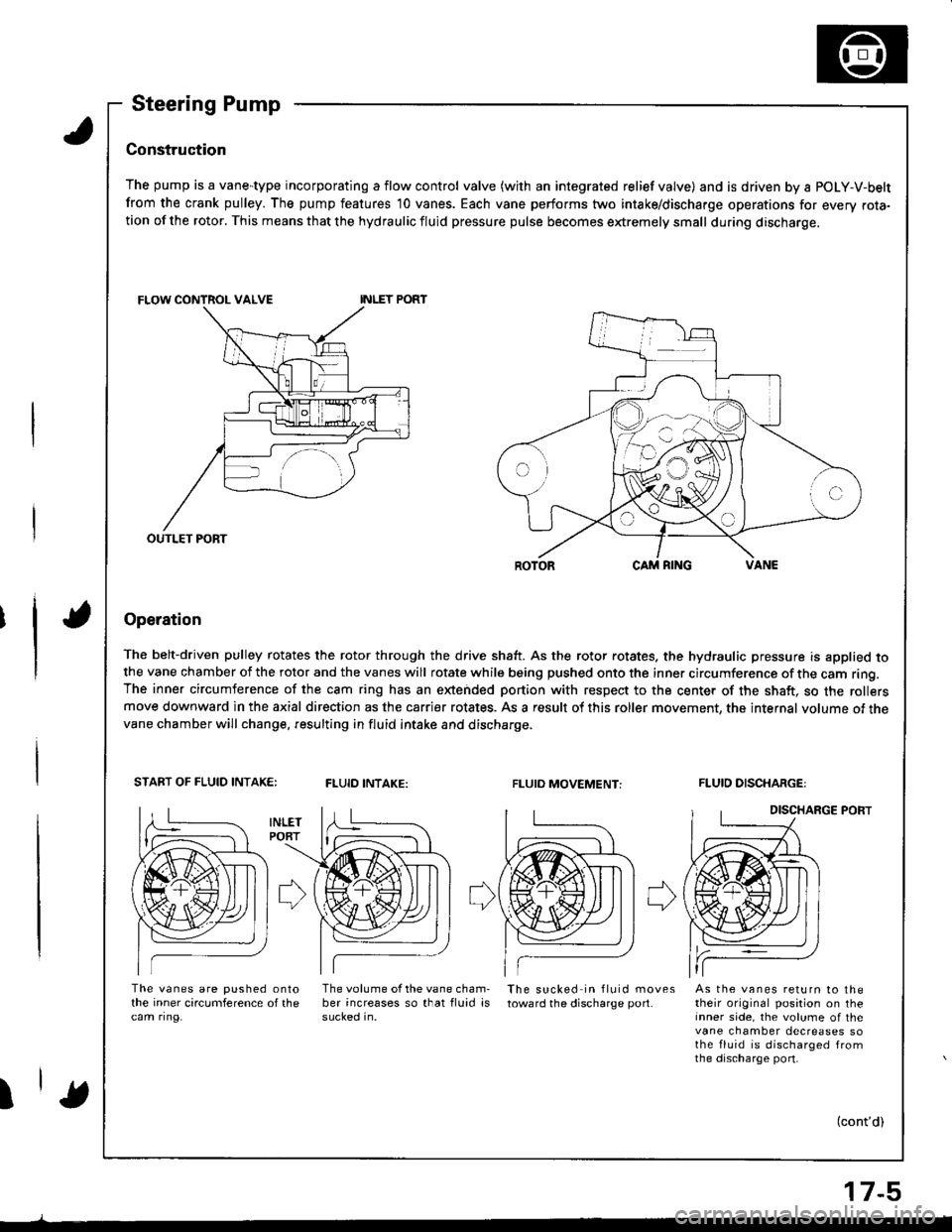 ACURA INTEGRA 1998 Service Repair Manual Steering Pump
Construction
The pump is a vane-type incorporating a flow control valve (with an integrated relief valve) and is driven by a POLY-V-belt
from the crank pulley. The pump features 10 vane ACURA INTEGRA 1998 Service Repair Manual Steering Pump
Construction
The pump is a vane-type incorporating a flow control valve (with an integrated relief valve) and is driven by a POLY-V-belt
from the crank pulley. The pump features 10 vane