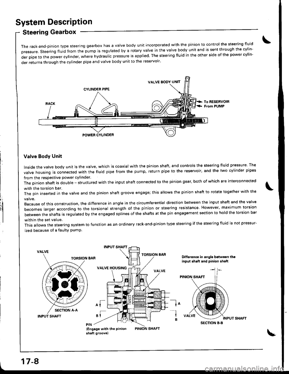 ACURA INTEGRA 1998 Service Repair Manual System DescriPtion
Steering Gearbox
it
The rack,and-pinion type steering gearbox has a Valve body unit incorporated with the pinion to control the steering fluid
pressure. steering fluid from the pump ACURA INTEGRA 1998 Service Repair Manual System DescriPtion
Steering Gearbox
it
The rack,and-pinion type steering gearbox has a Valve body unit incorporated with the pinion to control the steering fluid
pressure. steering fluid from the pump