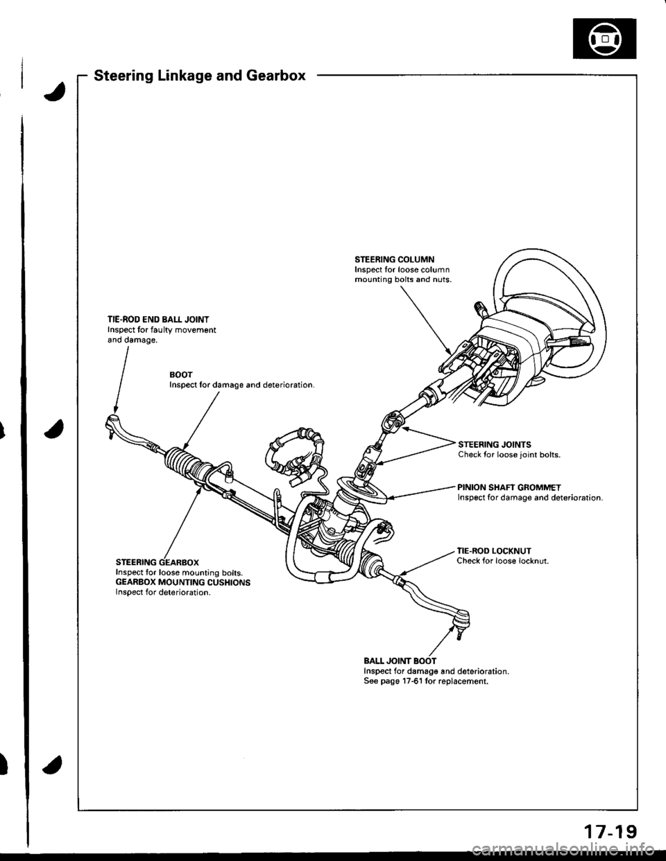 ACURA INTEGRA 1998  Service Repair Manual I
Steering Linkage and Gearbox
STEERING COLUMNInspect tor loose columnmounting bolts and nuts.
TIE.ROD END BALL JOINTInspect tor faultv movementano oamage,
BOOTInspect lor damage and deterioration.
ST