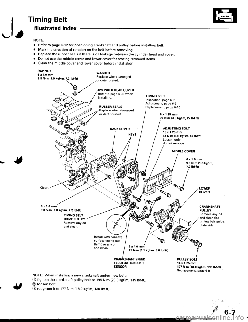 ACURA INTEGRA 1998 Service Repair Manual -1,
Timing Belt
lllustrated lndex
NOTE:
. Refer to page 6-12 for positioning crankshaft and pulley before installing belt.. Mark the direction of rotation on the beh before removing.
. Replace the rub ACURA INTEGRA 1998 Service Repair Manual -1,
Timing Belt
lllustrated lndex
NOTE:
. Refer to page 6-12 for positioning crankshaft and pulley before installing belt.. Mark the direction of rotation on the beh before removing.
. Replace the rub