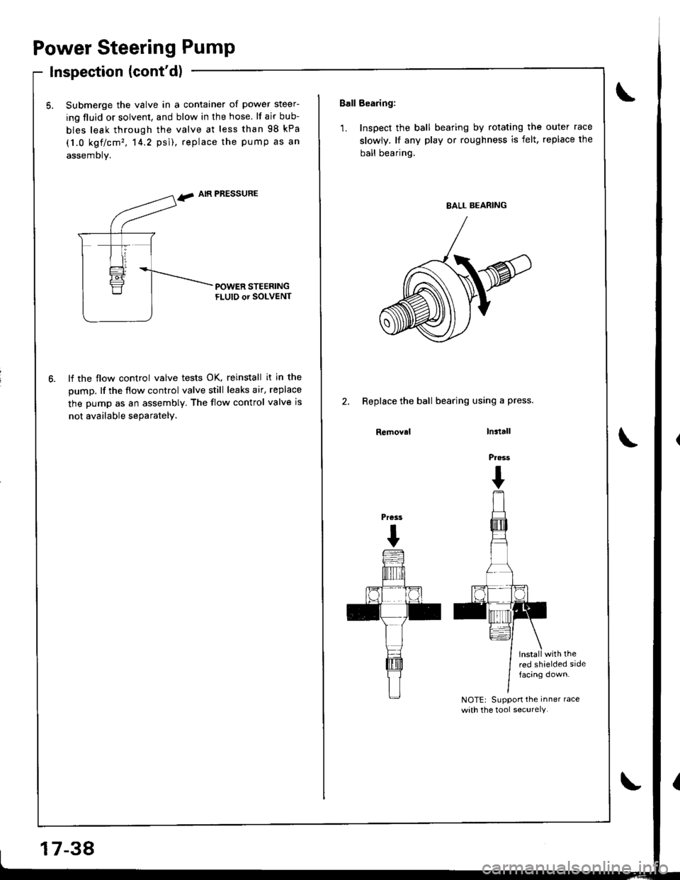 ACURA INTEGRA 1998  Service Repair Manual Power Steering Pump
lnspection {contd)
5. Submerge the valve in a container of power steer-
ing fluid or solvent, and blow in the hose. lf air bub-
bles leak through the valve at less than 98 kPa
(1.
