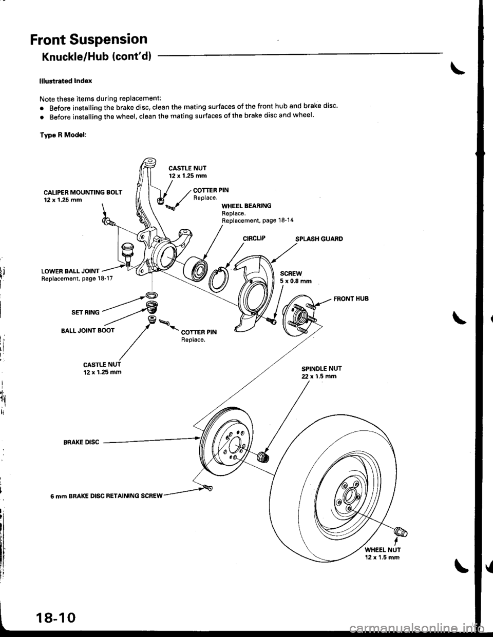 ACURA INTEGRA 1998  Service Repair Manual Front Suspension
Knuckle/Hub {contd}
lllustrated lndox
Note these items during replacement:
. Before installing the brake disc, clean the mating surfaces of the front hub and brake disc
. BeJore ins