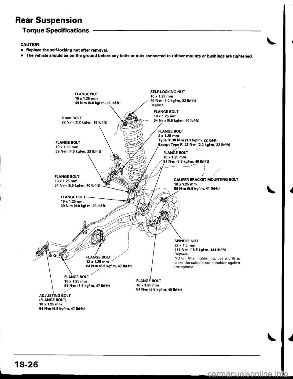 ACURA INTEGRA 1998 Service Repair Manual Rear Suspension
Torque Specifications
CAUTION:
. Replace the solt.locking nut after removal.
. The vohicle should be on th€ ground beto.6 any bolts or nu$ connected to lubber mounts or bushings are ACURA INTEGRA 1998 Service Repair Manual Rear Suspension
Torque Specifications
CAUTION:
. Replace the solt.locking nut after removal.
. The vohicle should be on th€ ground beto.6 any bolts or nu$ connected to lubber mounts or bushings are