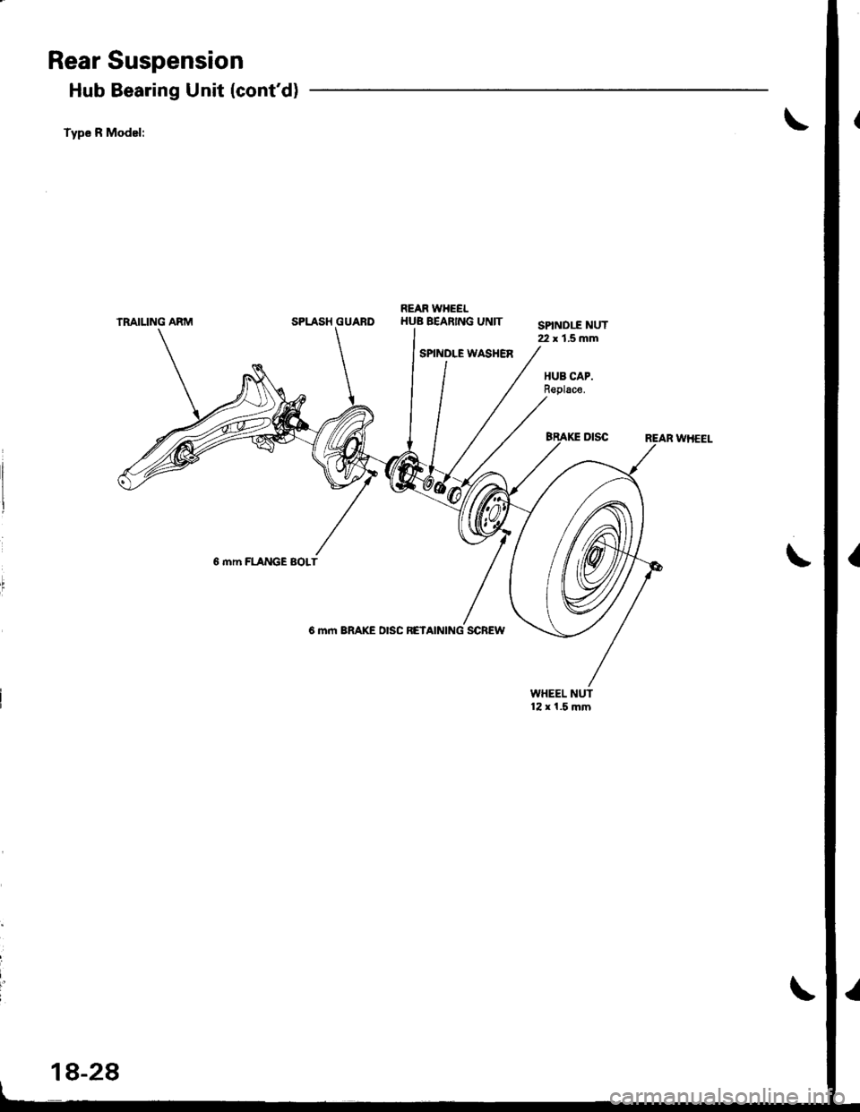 ACURA INTEGRA 1998  Service Repair Manual Rear Suspension
Hub Bearing Unit (contd)
Type R Model:
TRAIUNG ARMREAR WHEELSPLASH GUARDHUB BEARING UNIT
SPINDLE WASHER
SPIND1I NUT22 x 1.5 mm
HUB CAP.Replace.
6 mm FLANGE BOLT
6 mm BRAKE DISC RETAIN