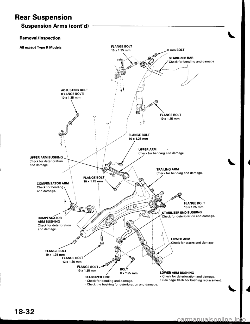 ACURA INTEGRA 1998  Service Repair Manual Rear Suspension
Suspension Arms (contdl
Removal/lnspection
All except Type R Models:mm BOLT
STABILIZER BARCheck for bending and damage.
AOJUSTING BOLT(FLANGE BOLT)10 x 1.25 mm
FLANGE BOLT10 x 1.25 m