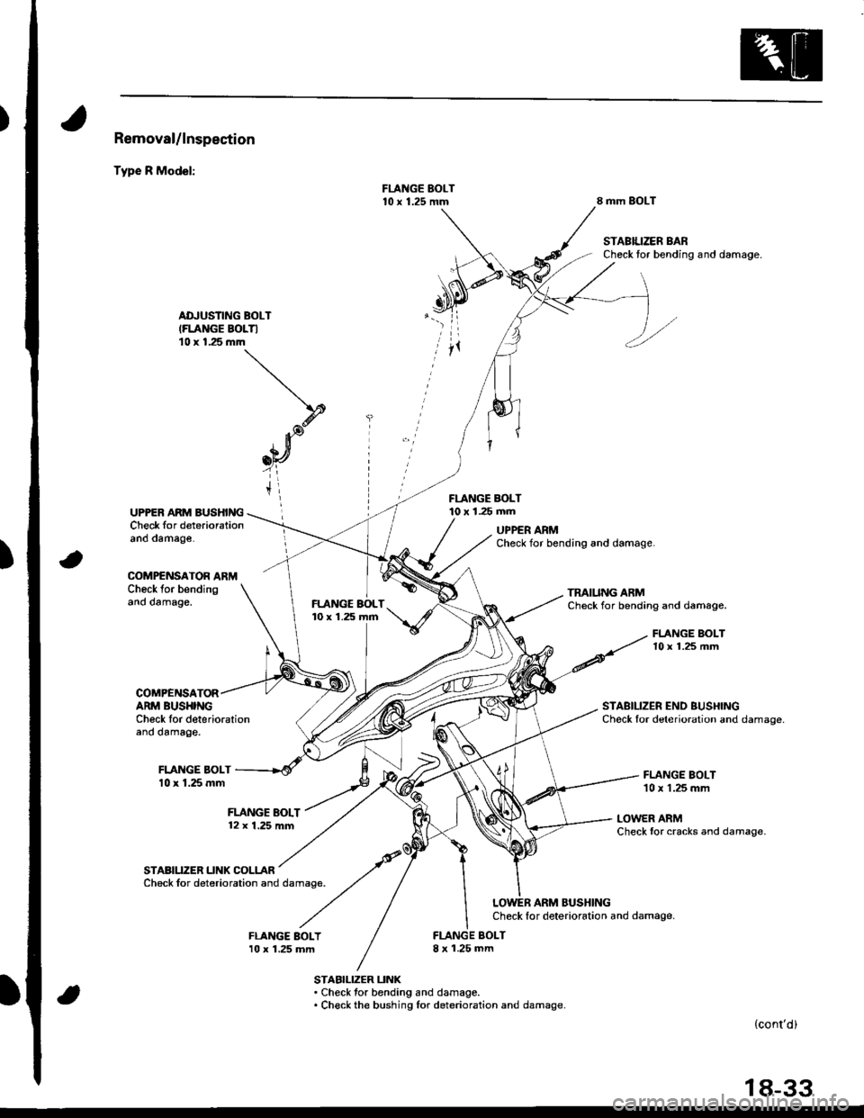 ACURA INTEGRA 1998  Service Repair Manual )
)
Removal/lnspection
Type R Model:
8 mm SOLT
STABIUZER BARCheck tor bending and damage.
ADJUSTING BOLT(FLANGE BOLTI10 x 1.25 mm
FLANGE BOLT10 x 1.25 mmUPPER ARM BUSHINGCheck for deteriorationano oam