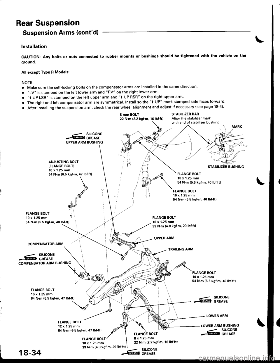 ACURA INTEGRA 1998 Service Repair Manual Rear Suspension
Suspension Arms (contdl
Installation
CAUTION: Any bolB or nuts connected to rubber mounts or bushings should be tightened with the vehicl. on th6
ground.
All except Type R Models:
NOT ACURA INTEGRA 1998 Service Repair Manual Rear Suspension
Suspension Arms (contdl
Installation
CAUTION: Any bolB or nuts connected to rubber mounts or bushings should be tightened with the vehicl. on th6
ground.
All except Type R Models:
NOT