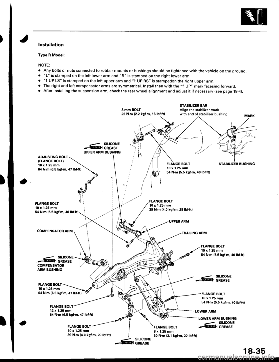 ACURA INTEGRA 1998 Service Repair Manual )Installation
Typ€ R Model:
NOTE;
. Any bolts or nuts connected to rubber mounts or bushings should be tightened with the vehicle on the ground.. "L" is stamped on the left lower arm and "R" is stam ACURA INTEGRA 1998 Service Repair Manual )Installation
Typ€ R Model:
NOTE;
. Any bolts or nuts connected to rubber mounts or bushings should be tightened with the vehicle on the ground.. "L" is stamped on the left lower arm and "R" is stam