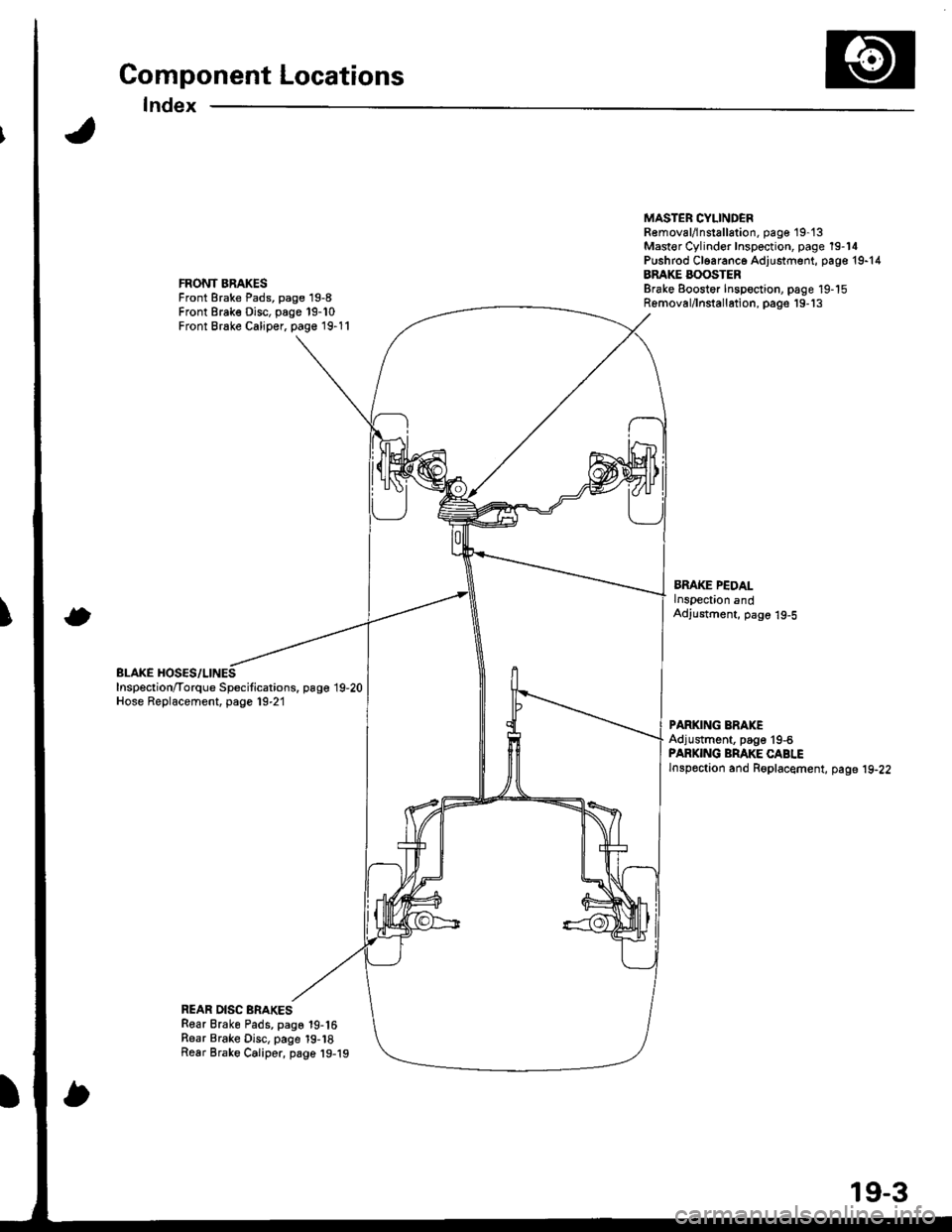 ACURA INTEGRA 1998  Service Repair Manual Component Locations
Index
FRONT BRAKESFront Brake Pads, page 19-8Front Brake Disc, page 19-10Front Brake Caliper, page 19-11
BLAKE HOSES/LINESInspection/Torque Specitications. page 19,20Hose Replaceme