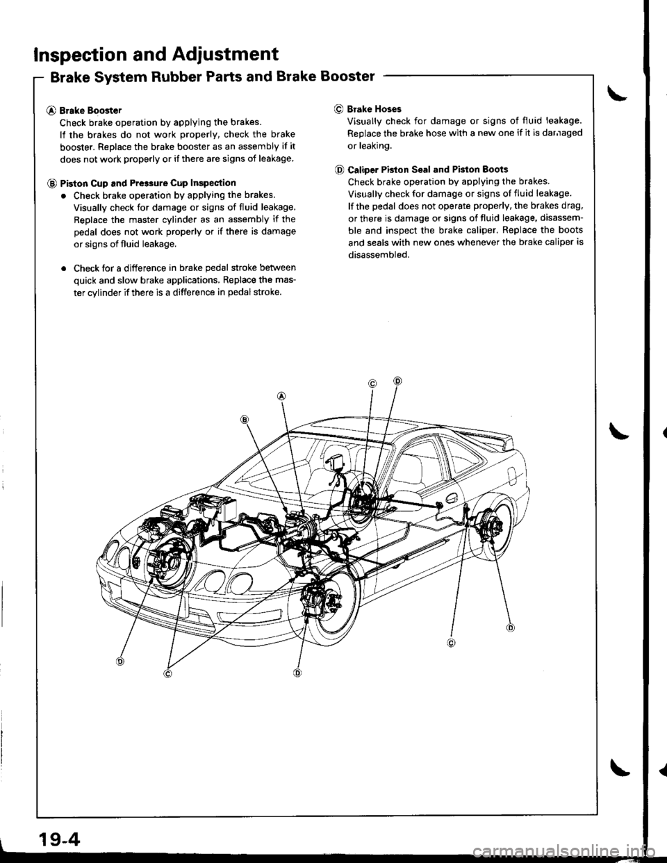 ACURA INTEGRA 1998 Service Repair Manual Inspection and Adiustment
Brake System Rubber Parts and Brake Booster
@ Brake Boost€r
Check brake operation by applying the brakes.
lf the brakes do not work properly, check the brake
booster. Repla ACURA INTEGRA 1998 Service Repair Manual Inspection and Adiustment
Brake System Rubber Parts and Brake Booster
@ Brake Boost€r
Check brake operation by applying the brakes.
lf the brakes do not work properly, check the brake
booster. Repla