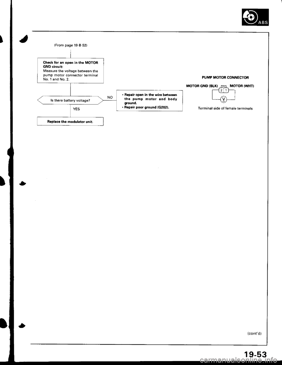ACURA INTEGRA 1998  Service Repair Manual Chock for .n opon in the MOYORGND circuit:Measure the voltage between thepump motor connector terminalNo. l and No.2.
 Repeir open in th6 wiro bstw€entha pump motor and bodygaound.. Ropair poo. gro